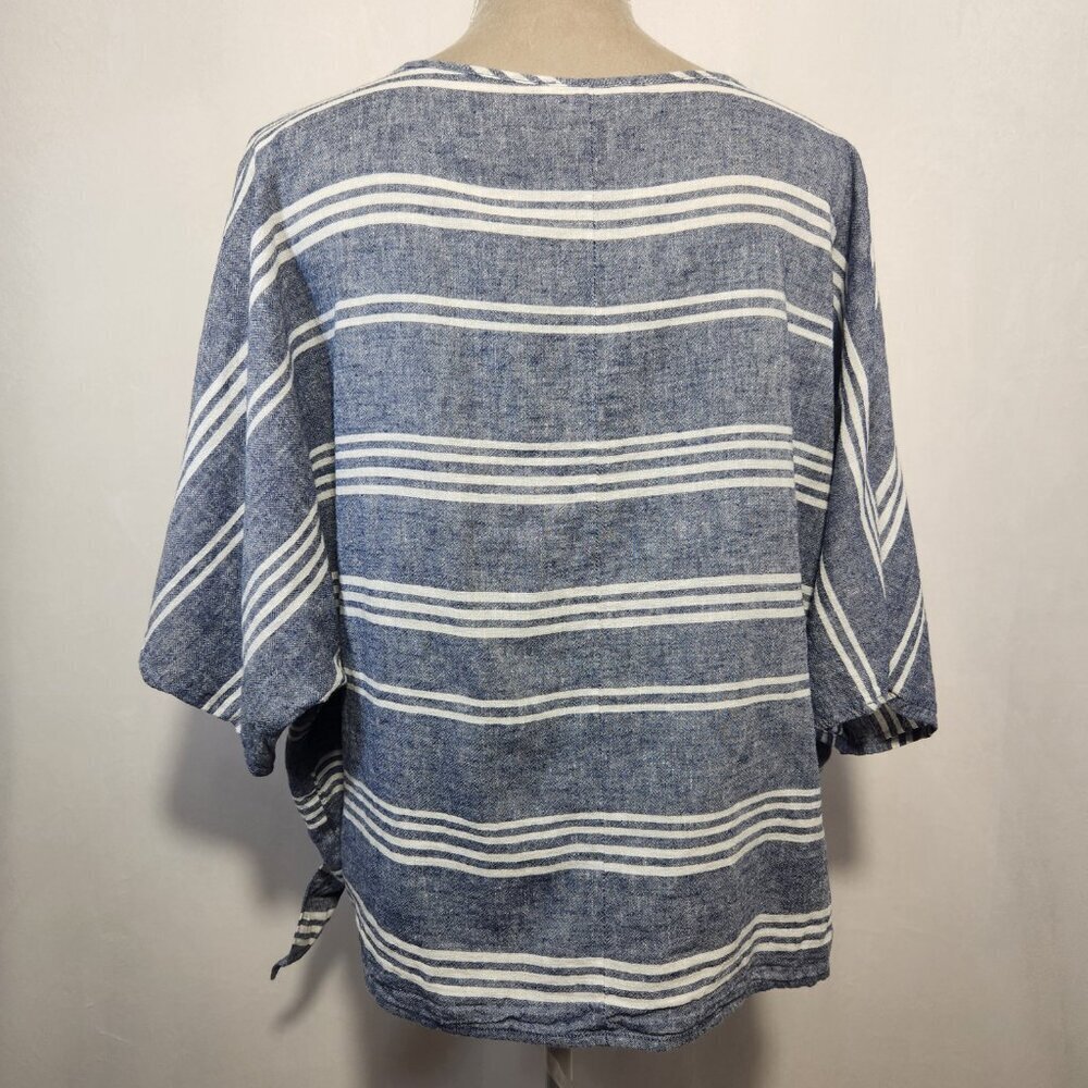 Beach Lunch Lounge Size Large Blue White Linen Blend Boxy Striped Side Tie Top - Picture 10 of 13